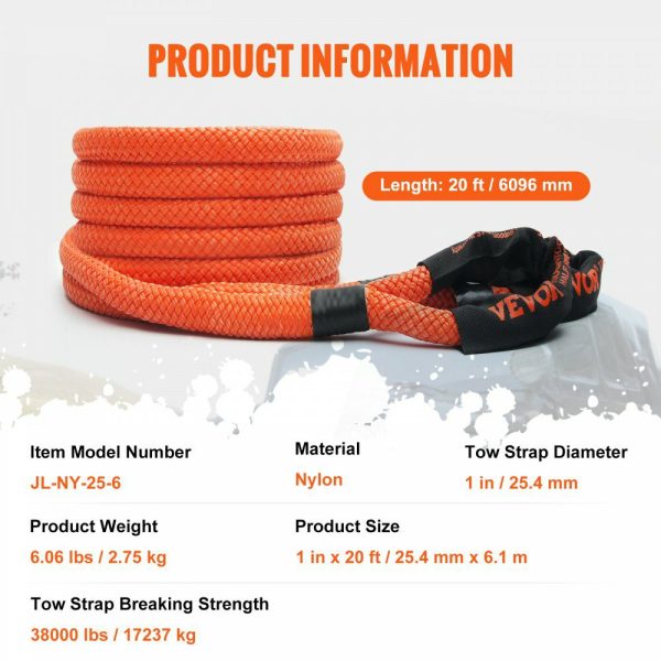 1″ x 20′ Kinetic Recovery Tow Rope 38,000 lbs, Heavy-Duty Off Road Snatch Strap, Extreme Duty 30% Elasticity Energy Snatch Strap for Jeep Car Truck ATV UTV SUV Tractor  |   Chain & Wire & Rope Chain & Wire & Rope Chain & Wire & Rope