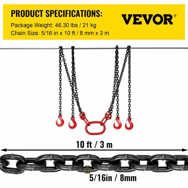 10FT Chain Sling 5/16 Inch X 10 FT Engine Lift Chain G80 Alloy Steel Engine Chain Hoist Lifts 3 Ton with 4 Leg Grab Hooks and Adjuster Used in Mining, Machinery, Ports, Building  |   Chain & Wire & Rope Chain & Wire & Rope Chain & Wire & Rope