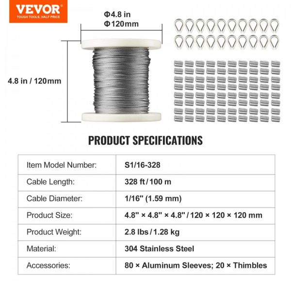 1/16 Wire Rope Kit, 304 Stainless Steel Cable with 80 Sleeves and 20 Thimbles, 7×7 Strands Construction Marine Aircraft Grade for Handrail Decking Garden Fence Clothes Line  |   Chain & Wire & Rope Chain & Wire & Rope Chain & Wire & Rope