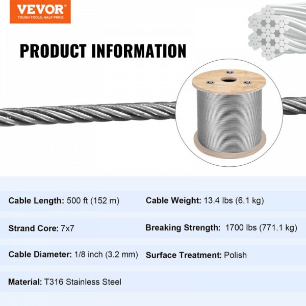 1/8 Stainless Steel Cable Railing 500ft, Wire Rope 316 Marine Grade, Braided Aircraft Cable 7×7 Strands Construction for Deck Rail Balusters Stair Handrail Porch Fence  |   Chain & Wire & Rope Chain & Wire & Rope Chain & Wire & Rope