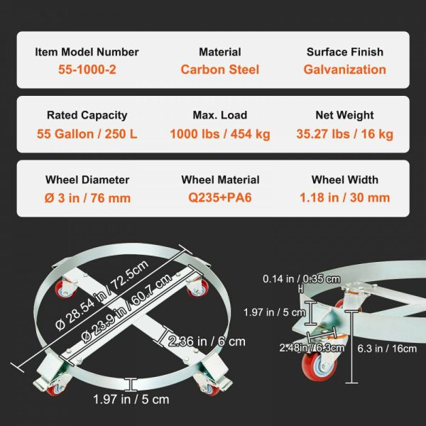 2PCS 55 Gallon Heavy Duty Drum Dolly, 1000 lbs Load Capacity, Barrel Dolly Cart Drum Caddy, Non Tipping Hand Truck Capacity Dollies with Steel Frame 4 Swivel Casters Wheel, for Drum Handling  |   Dollies & Movers Dollies & Movers Dollies & Movers