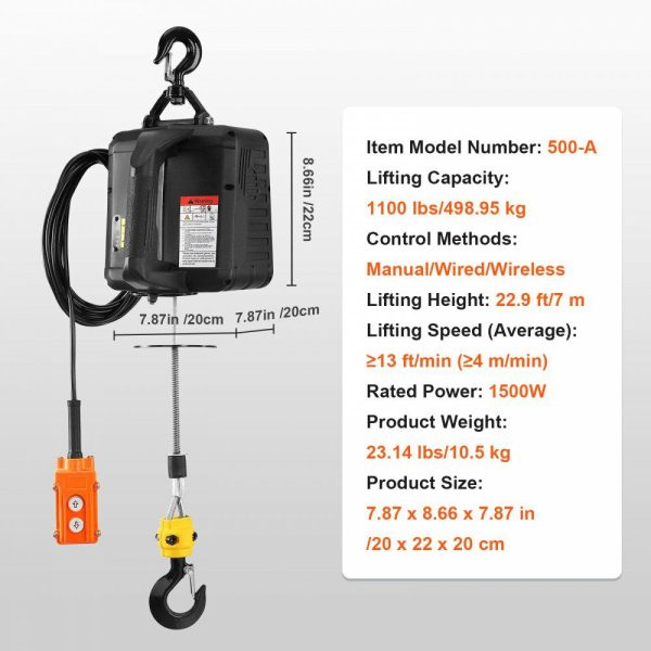 3-in-1 Electric Hoist Winch, 1100lbs 1500W Portable Power Winch Crane, 110V/120V 22.9 ft Lifting Height, 13 ft/min with Manual, Wired and Wireless Remote Control, Overload Protection  |   Hoists & Winches & Rigging Hoists & Winches & Rigging Hoists & Winches & Rigging