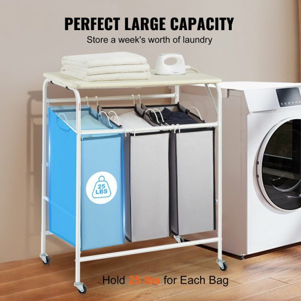 3-Section Laundry Sorter Cart with Ironing Board, Laundry Hamper with Heavy Duty Lockable Wheels and 3 Removable Bag, Rolling Laundry Basket Sorter for Clothes Storage  |   Carts & Trucks Carts & Trucks Carts & Trucks