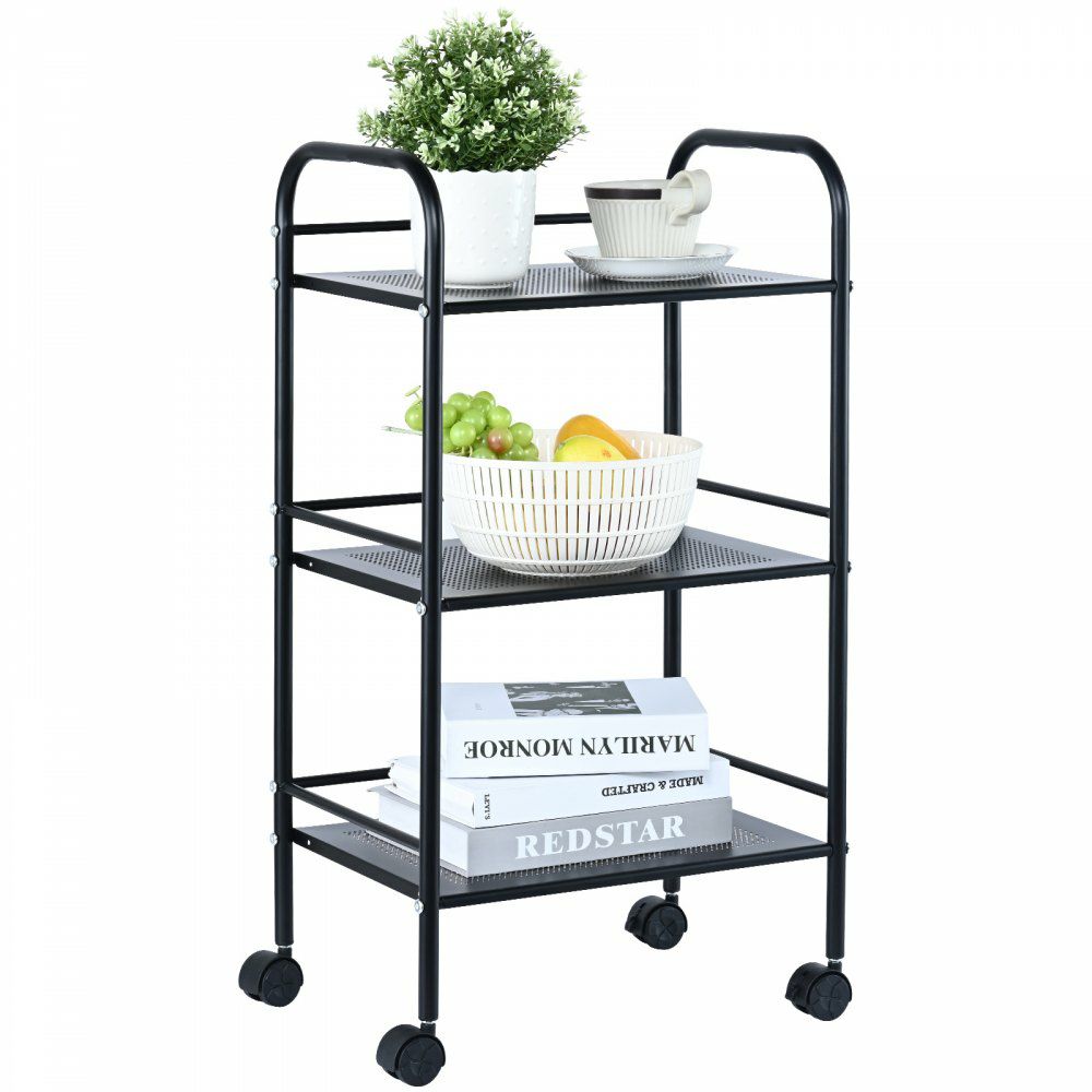 3-Tier Metal Rolling Cart, Heavy Duty Utility Cart with Lockable Wheels, Multi-Functional Storage Trolley with Handle for Office, Living Room, Kitchen, Movable Storage Organizer Shelves, Black  |   Carts & Trucks Carts & Trucks Carts & Trucks