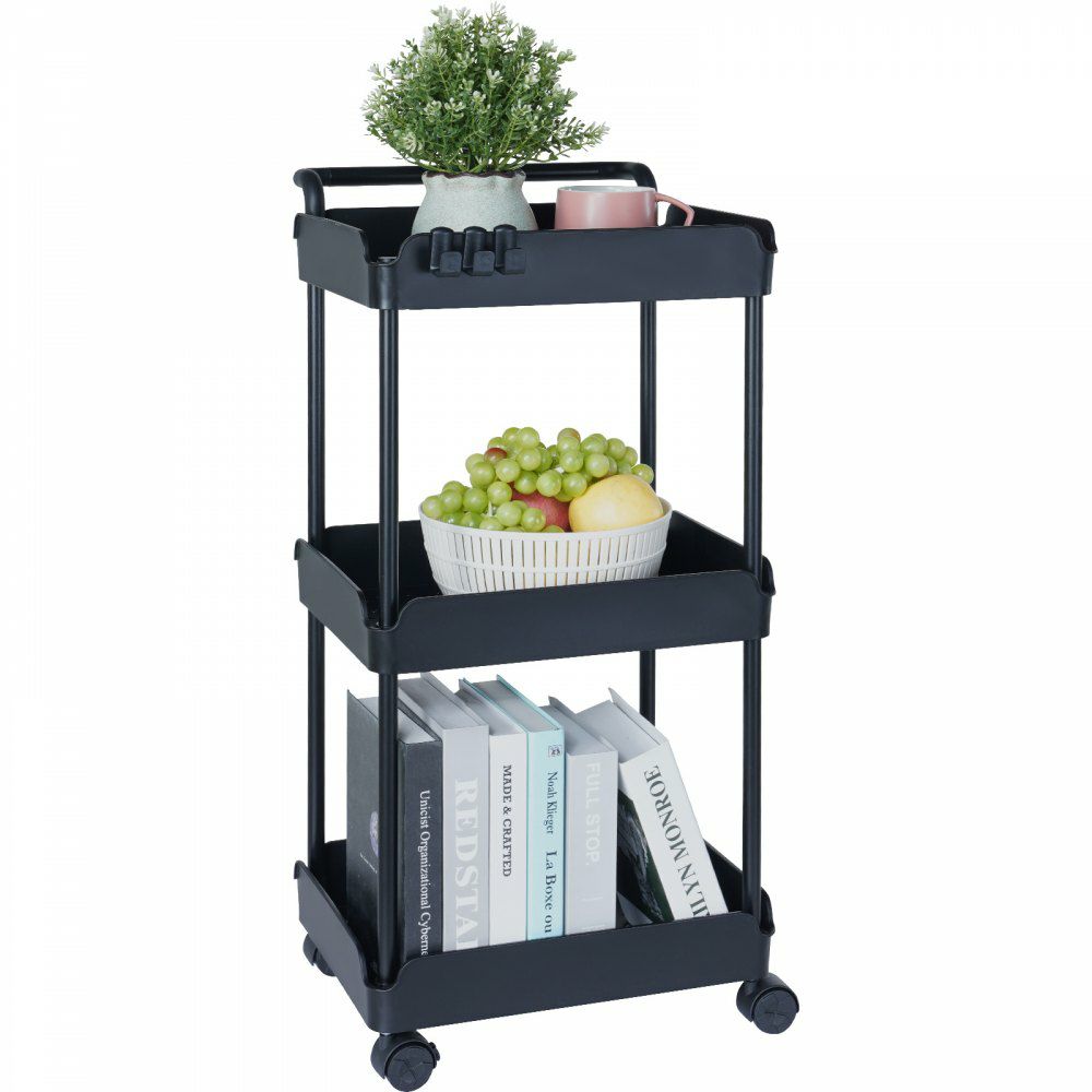 3-Tier Rolling Utility Cart, Kitchen Cart with Lockable Wheels, Multi-Functional Storage Trolley with Handle for Office, Living Room, Kitchen, Movable Storage Basket Organizer Shelves, Black Black |   Carts & Trucks Carts & Trucks Black