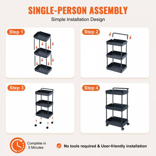 3-Tier Rolling Utility Cart, Kitchen Cart with Lockable Wheels, Multi-Functional Storage Trolley with Handle for Office, Living Room, Kitchen, Movable Storage Basket Organizer Shelves, Black Black |   Carts & Trucks Carts & Trucks Black