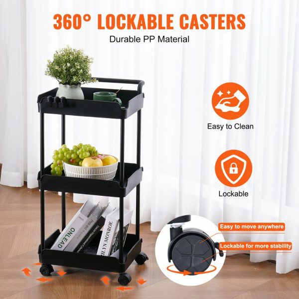 3-Tier Rolling Utility Cart, Kitchen Cart with Lockable Wheels, Multi-Functional Storage Trolley with Handle for Office, Living Room, Kitchen, Movable Storage Basket Organizer Shelves, Black Black |   Carts & Trucks Carts & Trucks Black