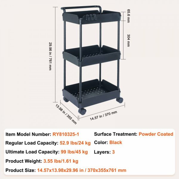 3-Tier Rolling Utility Cart, Kitchen Cart with Lockable Wheels, Multi-Functional Storage Trolley with Handle for Office, Living Room, Kitchen, Movable Storage Basket Organizer Shelves, Black Black |   Carts & Trucks Carts & Trucks Black