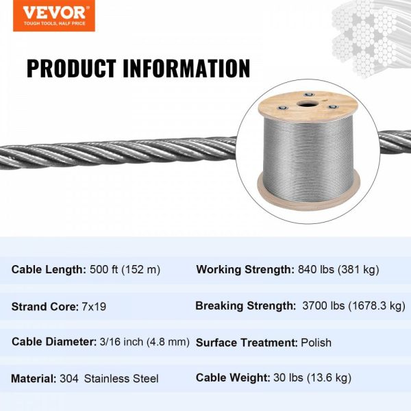 3/16 Inch 7×19 Stainless Steel Aircraft Cable Reel 500FT Stainless Steel Cable T304 Wire Rope Winch Cable Replacement (T304)  |   Chain & Wire & Rope Chain & Wire & Rope Chain & Wire & Rope