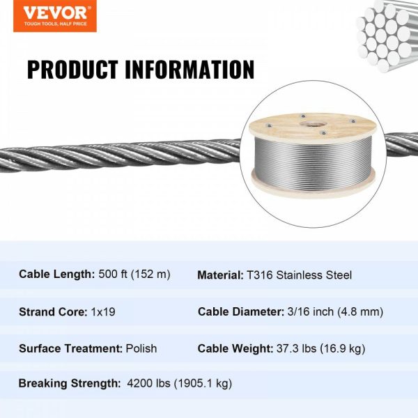 316 Stainless Steel Wire Rope 500ft Length, Steel Wire Cable 3/16 Inch, Steel Cable Railing Decking With 1×19 Strands Construction, 4700lbs Breaking Strength For Stair, Handrail, Clothesline  |   Chain & Wire & Rope Chain & Wire & Rope Chain & Wire & Rope