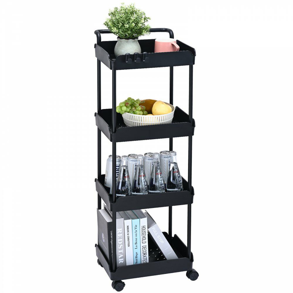 4-Tier Rolling Utility Cart, Kitchen Cart with Lockable Wheels, Multi-Functional Storage Trolley with Handle for Office, Living Room, Kitchen, Movable Storage Basket Organizer Shelves, Black Black |   Carts & Trucks Carts & Trucks Black