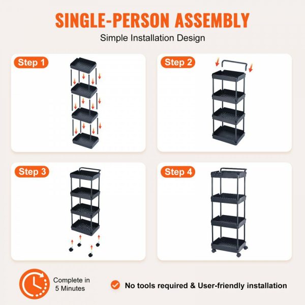 4-Tier Rolling Utility Cart, Kitchen Cart with Lockable Wheels, Multi-Functional Storage Trolley with Handle for Office, Living Room, Kitchen, Movable Storage Basket Organizer Shelves, Black Black |   Carts & Trucks Carts & Trucks Black