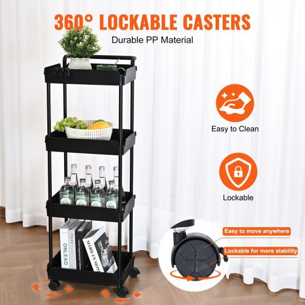 4-Tier Rolling Utility Cart, Kitchen Cart with Lockable Wheels, Multi-Functional Storage Trolley with Handle for Office, Living Room, Kitchen, Movable Storage Basket Organizer Shelves, Black Black |   Carts & Trucks Carts & Trucks Black