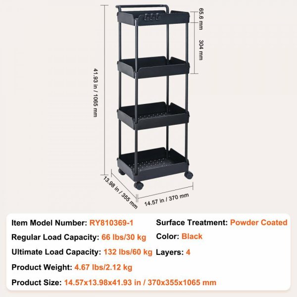 4-Tier Rolling Utility Cart, Kitchen Cart with Lockable Wheels, Multi-Functional Storage Trolley with Handle for Office, Living Room, Kitchen, Movable Storage Basket Organizer Shelves, Black Black |   Carts & Trucks Carts & Trucks Black