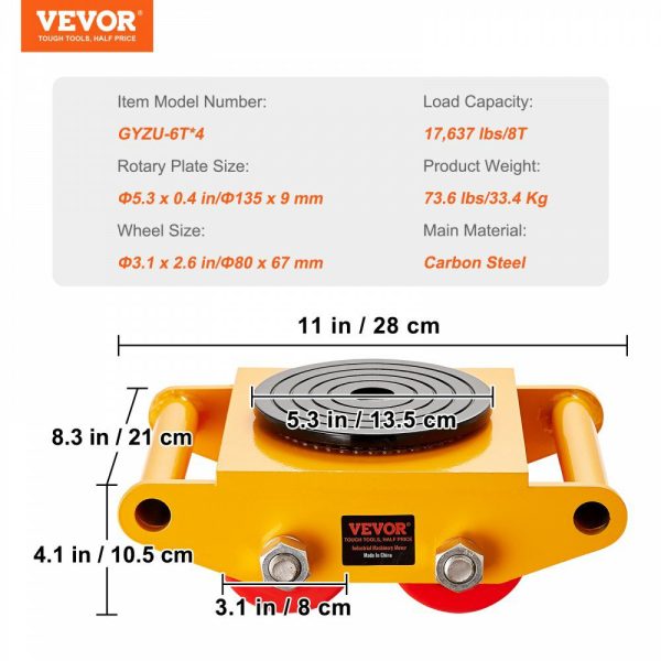 4PCS Machinery Skate Dolly, 17637 LBS/8T Industrial Machinery Mover, Heavy Duty Carbon Steel Machinery Moving Skate with 4 PU Wheels and 360° Rotation Non-Slip Cap for Warehouse, Workshop, Facto  |   Dollies & Movers Dollies & Movers Dollies & Movers