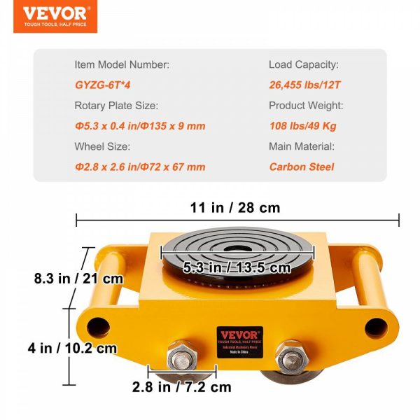 4PCS Machinery Skate Dolly, 26455LBS/12T Industrial Machinery Mover, Heavy Duty Carbon Steel Machinery Moving Skate & 4 Carbon Steel Wheels and 360° Rotation Non-slip Cap for Warehouse, Factory  |   Dollies & Movers Dollies & Movers Dollies & Movers