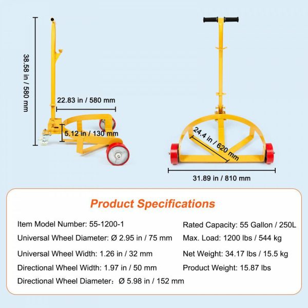 55 Gallon Drum Dolly, 1200 lbs Load Capacity, Barrel Dolly Cart Drum Caddy Round Dolly Steel Low Profile, Heavy Duty Steel Frame with Adjustable Handle 3 Wheels, for Workshop Factory Warehouse  |   Dollies & Movers Dollies & Movers Dollies & Movers