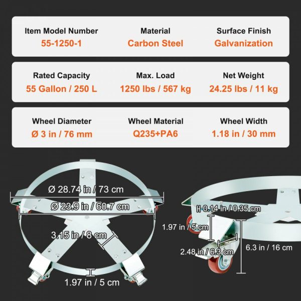 55 Gallon Heavy Duty Drum Dolly, 1250lbs Load Capacity, Barrel Dolly Cart Drum Caddy, Non Tipping Hand Truck Capacity Dollies with Steel Frame 5 Swivel Casters Wheel, for Warehouse Drum Handling  |   Dollies & Movers Dollies & Movers Dollies & Movers