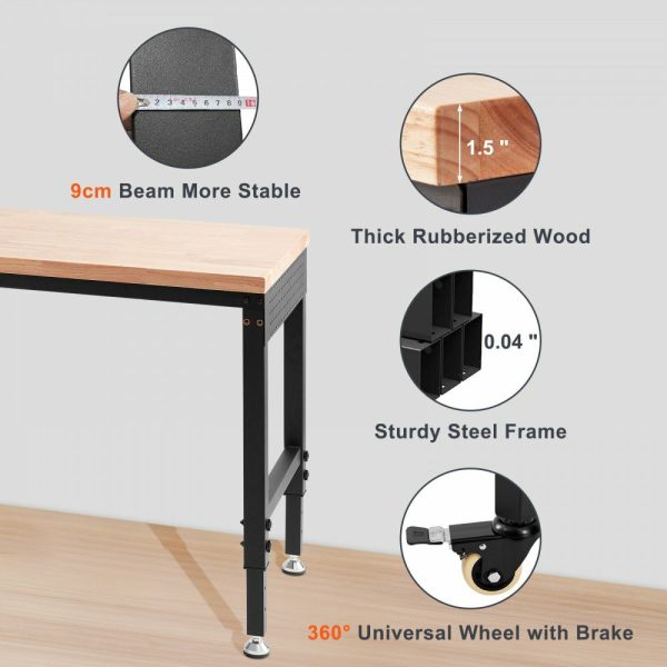 Adjustable Workbench, 72″ L X 25″ W Garage Worktable with Universal Wheels, 28-39.5″ Heights & 3000 LBS Load Capacity, with Power Outlets & Hardwood Top & Storage & Foot Pads, for Office Home  |   Workbenches & Accessories Material Handling Workbenches & Accessories