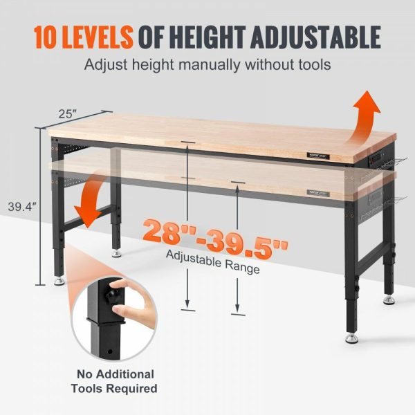 Adjustable Workbench, 72″ L X 25″ W Garage Worktable with Universal Wheels, 28-39.5″ Heights & 3000 LBS Load Capacity, with Power Outlets & Hardwood Top & Storage & Foot Pads, for Office Home  |   Workbenches & Accessories Material Handling Workbenches & Accessories