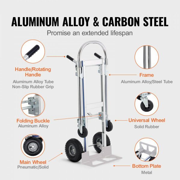 Aluminum Hand Truck, 2 in 1, 800 lbs Load Capacity, Heavy Duty Industrial Convertible Folding Hand Truck and Dolly, Utility Cart Converts from Hand Truck to Platform Cart with Rubber Wheels  |   Carts & Trucks Carts & Trucks Carts & Trucks