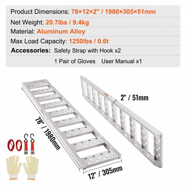 Aluminum Ramps, 1250lbs, Straight Ramp with Treads and Load Straps, Portable Loading Ramp for Motorcycles, ATVs, Trucks, Lawn Mower, Dirt Bike, Garden Tractor, 78″L x 12″W, 2Pcs  |   Ramps & Ladders Material Handling Ramps & Ladders