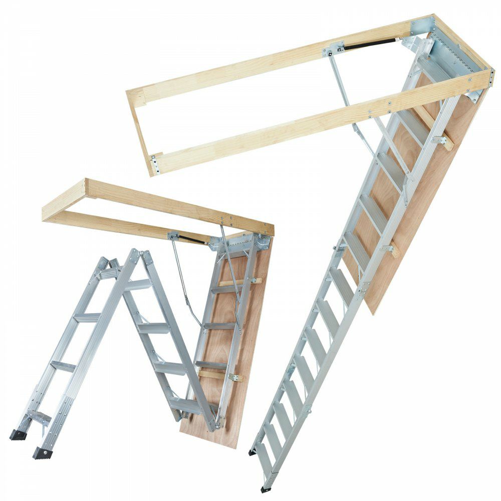 Attic Ladder Foldable, 350-pound Capacity, 22.5″ x 63″, Multi-Purpose Aluminium Extension, Lightweight and Portable, Fits 9.5′-12′ Ceiling Heights, Convenient Access to Your Attic Standard  |   Building Supplies Building & Construction Building Supplies