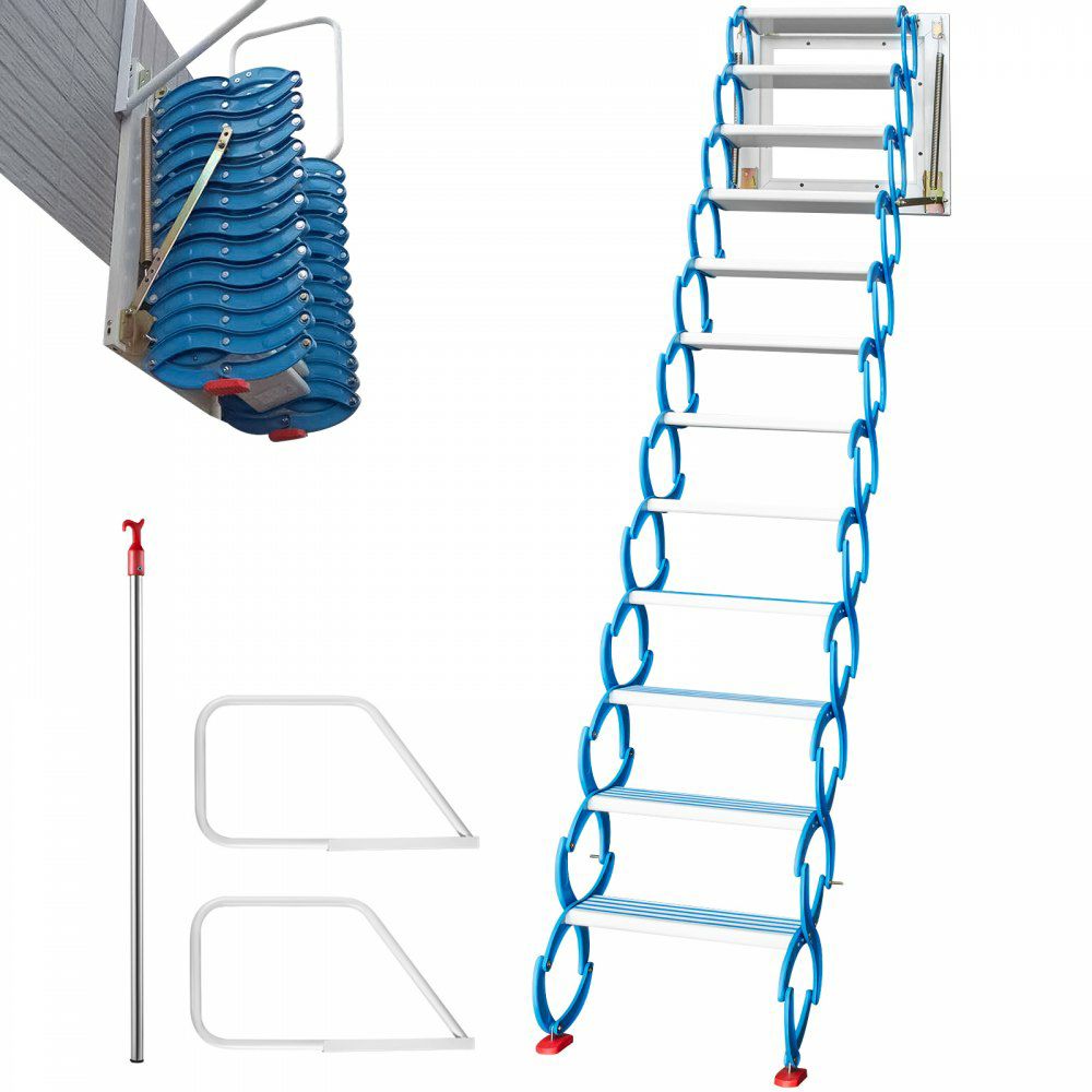 Attic Steps Pull Down 12 Steps Attic Stairs, Alloy Attic Access Ladder, Blue Pulldown Attic Stairs, Wall-mounted Folding Stairs for Attic, Retractable Attic Ladder with Armrests, 9.8 feet Height Blue |   Ramps & Ladders Material Handling Blue