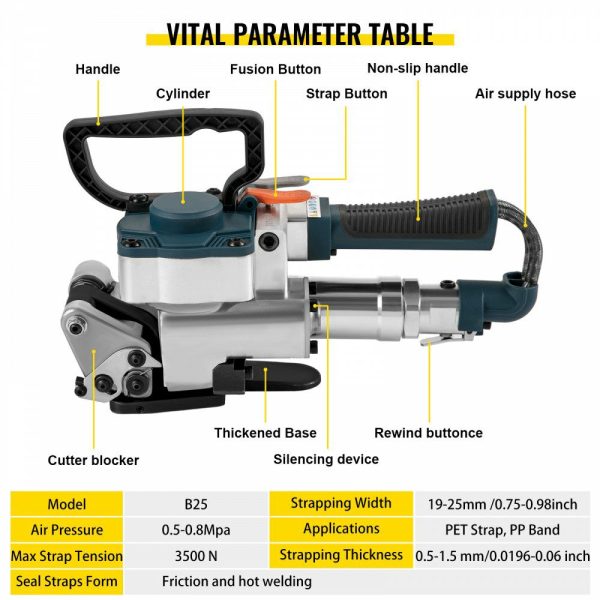 B25 Pneumatic Strapping Tool, Hand Held Strapping Machine for 0.75-0.98 inch PP/PET Belt, Pneumatic Strapping Machine with 3500N Max Tension, for 0.5-1.5mm Plastic Belt  |   Filling & Sealing Machine Filling & Sealing Machine Filling & Sealing Machine