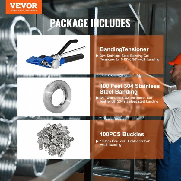 Banding Strapping Kit with Strapping Tensioner Tool, 100 ft Length 304 Stainless Steel Banding, 100 Metal Seals, Pallet Packaging Strapping Banding Kit, Banding Packaging Strapping for Packing  |   Filling & Sealing Machine Filling & Sealing Machine Filling & Sealing Machine