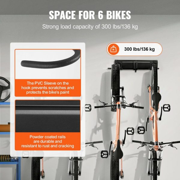 Bike Storage Rack, 6 Bike Racks and 6 Helmets Hooks, Wall Mount Bike Storage Hanger, Home & Garage Organizer, Customizable for Various Bike Sizes, Adjustable Holder, Holds Up to 300 lbs, 68-inch  |   Shelving & Storage Material Handling Shelving & Storage