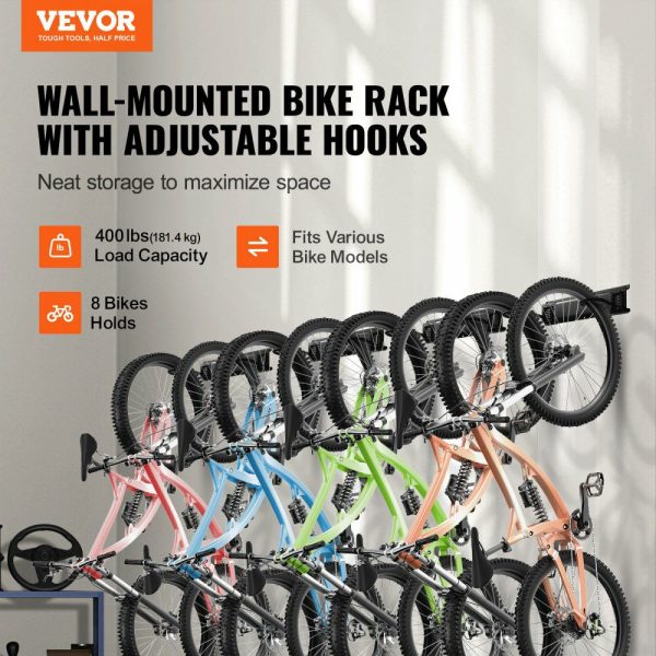 Bike Storage Rack, 8 Bike Racks and 7 Helmets Hooks, Wall Mount Bike Storage Hanger, Home & Garage Organizer, Customizable for Various Bike Sizes, Adjustable Holder, Holds Up to 400 lbs, 72-inch  |   Shelving & Storage Material Handling Shelving & Storage