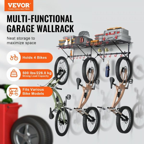 Bike Storage Rack Wall Mount Garage Bike Holder & 2 Shelves for 4 Bicycles  |   Shelving & Storage Material Handling Shelving & Storage