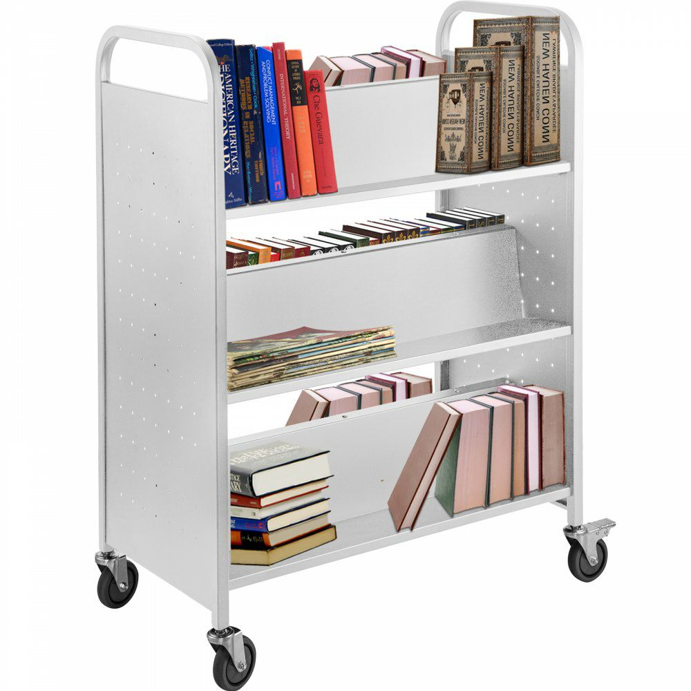 Book Cart, 200lbs Library Cart, 35x19x49 Inch Rolling Book Cart Double Sided W-Shaped Sloped Shelves with 4-Inch Lockable Wheels, for Home Shelves Office and School Book Truck in White White |   Carts & Trucks Carts & Trucks Carts & Trucks