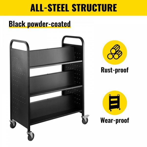 Book Cart, 200LBS Library Cart, 49.2”x35.4”x18.9” Rolling Book Cart, Double Sided W-Shaped Sloped Shelves with Lockable Wheels for Home Shelves Office School Book Truck Black Black |   Carts & Trucks Carts & Trucks Black