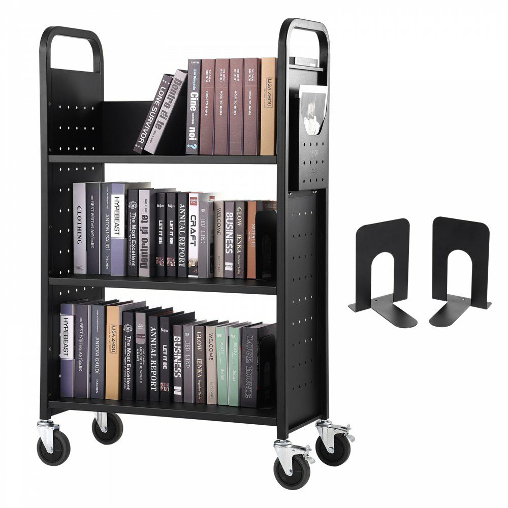 Book Cart, 330 lbs Library Cart, 31.1″ x 15.2″ x 49.2″ Rolling Book Cart, Single Sided L-Shaped Flat Shelves with 4-Inch Lockable Wheels for Home Shelves Office and School, Book Truck in Black Black |   Carts & Trucks Carts & Trucks Black