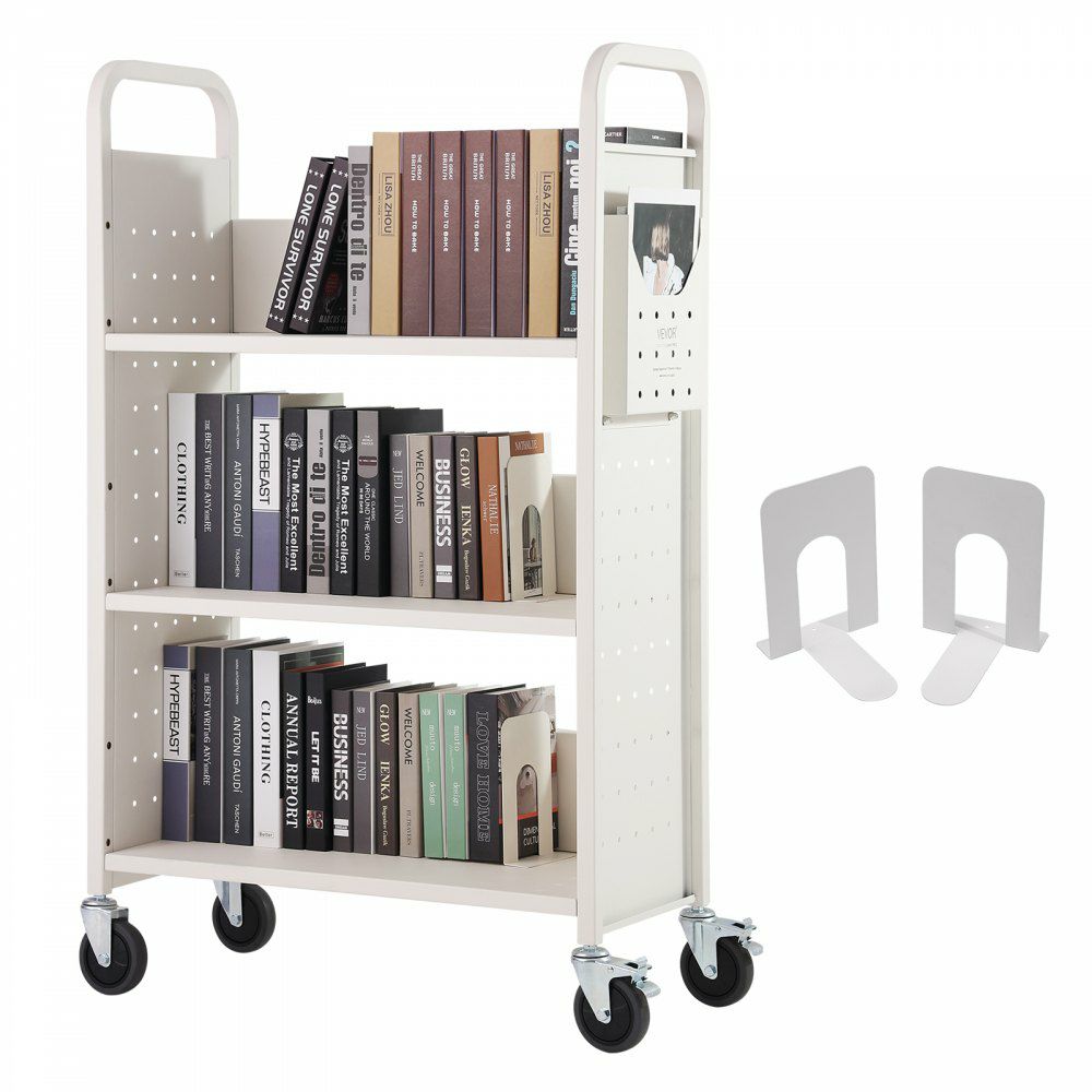 Book Cart, 330 lbs Library Cart, 31.1″ x 15.2″ x 49.2″ Rolling Book Cart, Single Sided L-Shaped Flat Shelves with 4-Inch Lockable Wheels for Home Shelves Office and School, Book Truck in White White |   Carts & Trucks Carts & Trucks Carts & Trucks