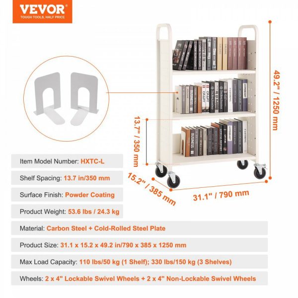 Book Cart, 330 lbs Library Cart, 31.1″ x 15.2″ x 49.2″ Rolling Book Cart, Single Sided L-Shaped Flat Shelves with 4-Inch Lockable Wheels for Home Shelves Office and School, Book Truck in White White |   Carts & Trucks Carts & Trucks Carts & Trucks