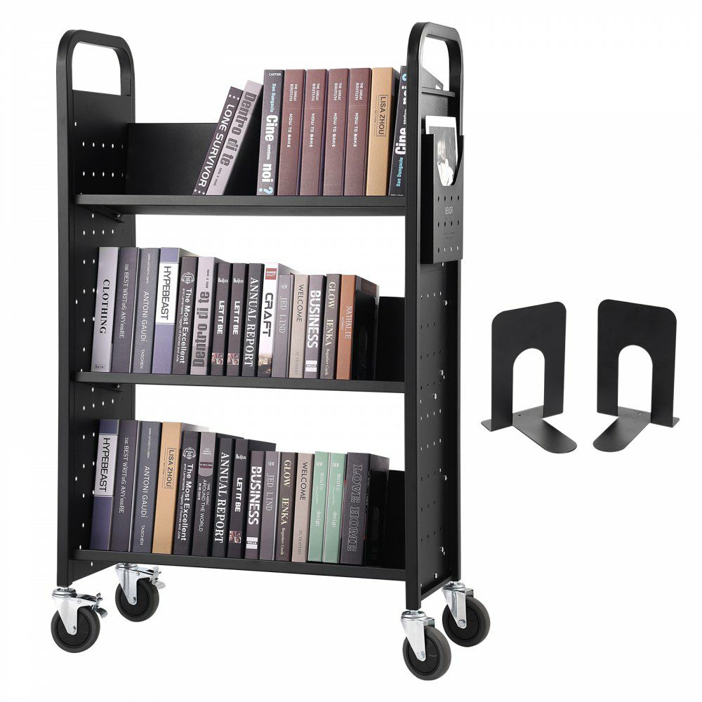 Book Cart, 330 lbs Library Cart, 31.1″ x 15.2″ x 49.2″ Rolling Book Cart, Single Sided V-Shaped Sloped Shelves with 4-Inch Lockable Wheels for Home Shelves Office and School, Book Truck in Black Black |   Carts & Trucks Carts & Trucks Black