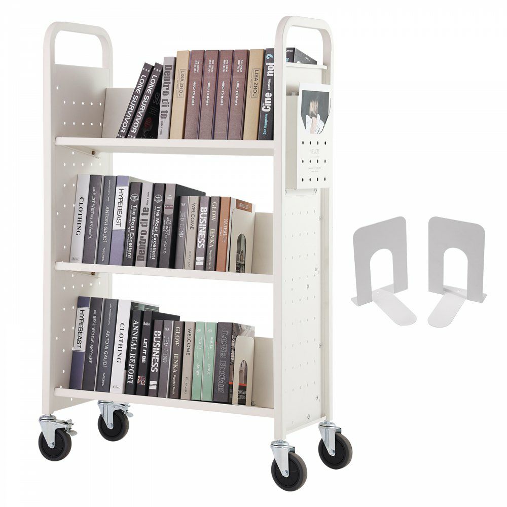 Book Cart, 330 lbs Library Cart, 31.1″ x 15.2″ x 49.2″ Rolling Book Cart, Single Sided V-Shaped Sloped Shelves with 4-Inch Lockable Wheels for Home Shelves Office and School, Book Truck in White White |   Carts & Trucks Carts & Trucks Carts & Trucks