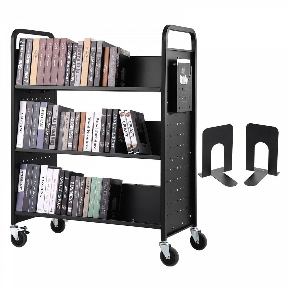 Book Cart, 330 lbs Library Cart, 39.4″ x 20.1″ x 49.2″ Rolling Book Cart, Double Sided W-Shaped Sloped Shelves with 4-Inch Lockable Wheels for Home Shelves Office School, Book Truck in Black Black |   Carts & Trucks Carts & Trucks Black