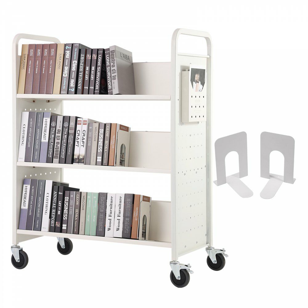 Book Cart, 330 lbs Library Cart, 39.4″ x 20.1″ x 49.2″ Rolling Book Cart, Double Sided W-Shaped Sloped Shelves with 4-Inch Lockable Wheels for Home Shelves Office School, Book Truck in White White |   Carts & Trucks Carts & Trucks Carts & Trucks