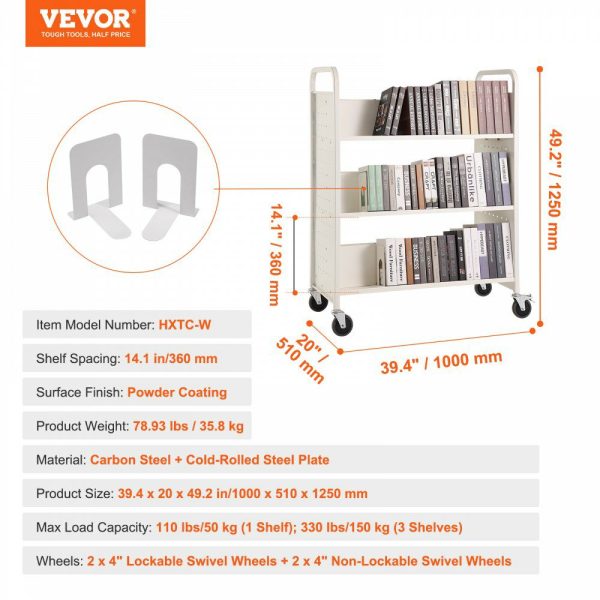 Book Cart, 330 lbs Library Cart, 39.4″ x 20.1″ x 49.2″ Rolling Book Cart, Double Sided W-Shaped Sloped Shelves with 4-Inch Lockable Wheels for Home Shelves Office School, Book Truck in White White |   Carts & Trucks Carts & Trucks Carts & Trucks