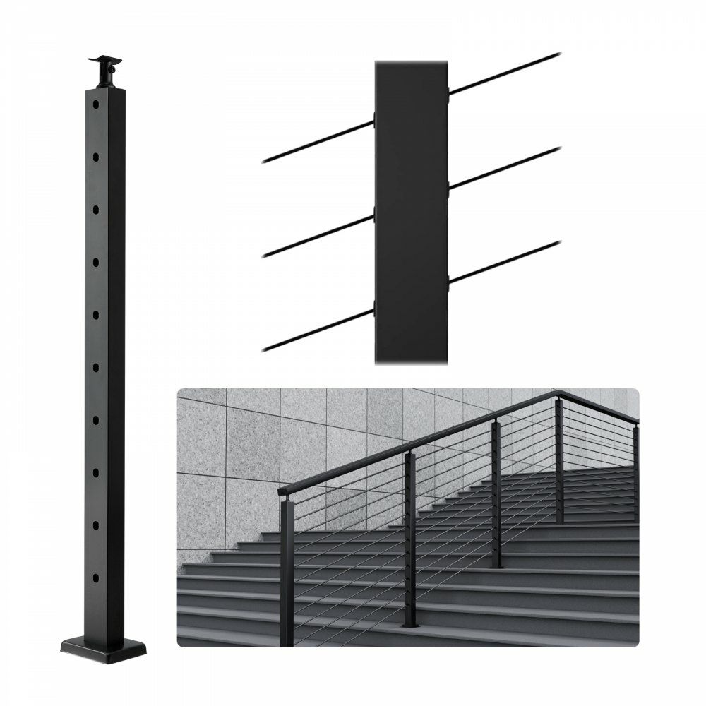 Cable Railing Post, 36″ x 1″ x 2″ Steel 30° Angled Hole Stair Railing Post, 10 Pre-Drilled Holes, SUS304 Stainless Steel Cable Rail Post with Horizontal and Curved Bracket, 1-Pack, Black Black |   Building Supplies Building & Construction Black