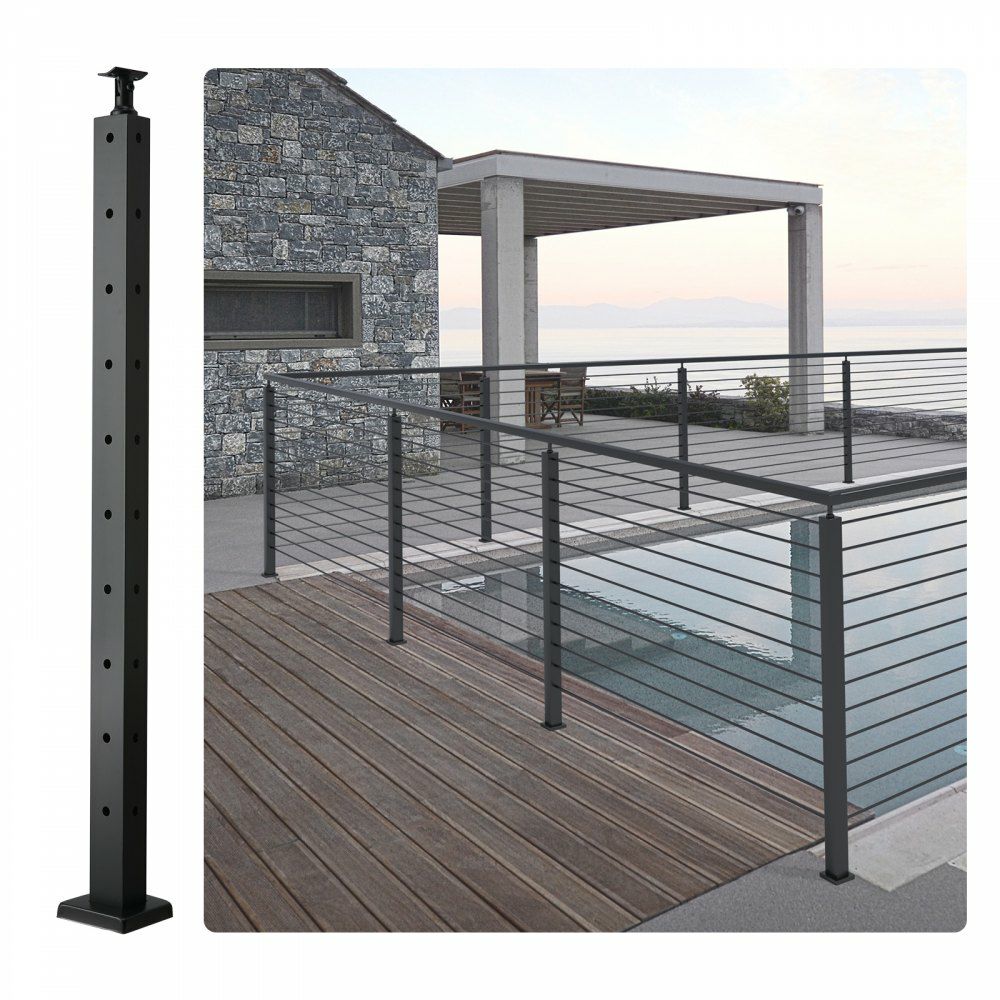 Cable Railing Post, 36″ x 1″ x 2″ Steel L-Shaped Hole Corner Railing Post, 10 Pre-Drilled Holes, SUS304 Stainless Steel Cable Rail Post with Horizontal and Curved Bracket, 1-Pack, Black Black |   Building Supplies Building & Construction Black