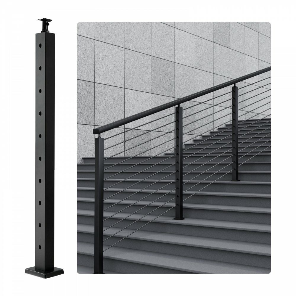 Cable Railing Post, 36″ x 2″ x 2″ Steel 30° Angled Hole Stair Railing Post, 10 Pre-Drilled Holes, SUS304 Stainless Steel Cable Rail Post with Horizontal and Curved Bracket, 1-Pack, Black Black |   Building Supplies Building & Construction Black