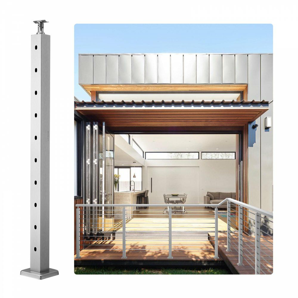 Cable Railing Post, 36″ x 2″ x 2″ Steel Horizontal Hole Deck Railing Post, 10 Pre-Drilled Holes, SUS304 Stainless Steel Cable Rail Post with Horizontal and Curved Bracket, 1-Pack, Silver Silver |   Building Supplies Building & Construction Building Supplies