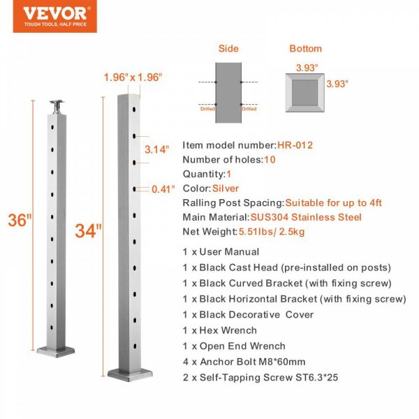 Cable Railing Post, 36″ x 2″ x 2″ Steel Horizontal Hole Deck Railing Post, 10 Pre-Drilled Holes, SUS304 Stainless Steel Cable Rail Post with Horizontal and Curved Bracket, 1-Pack, Silver Silver |   Building Supplies Building & Construction Building Supplies