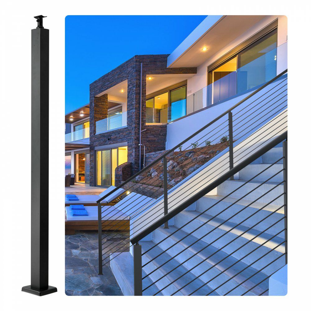 Cable Railing Post, 36″ x 2″ x 2″ Steel Level Deck Railing Post Without Holes, SUS304 Stainless Steel Cable Rail Post, Stair Handrail Post with Horizontal and Curved Bracket, 1-Pack, Black Black |   Building Supplies Building & Construction Black