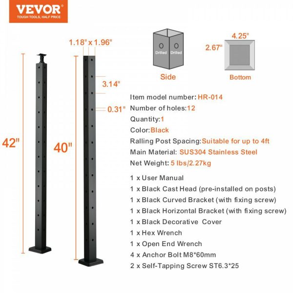 Cable Railing Post, 42″ x 1″ x 2″ Steel L-Shaped Hole Corner Railing Post, 12 Pre-Drilled Holes, SUS304 Stainless Steel Cable Rail Post with Horizontal and Curved Bracket, 1-Pack, Black Black |   Building Supplies Building & Construction Black